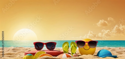  a beach scene with a pair of flip flops and a pair of sunglasses on the sand with the sun setting over the ocean and a beach in the background.