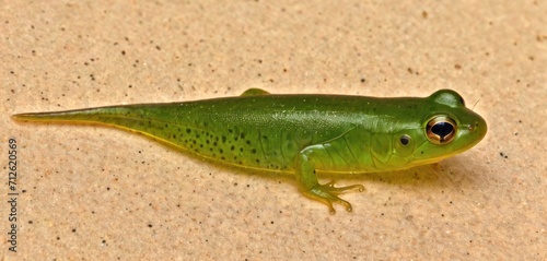  a close up of a green gecko on a floor with a black dot on it's face and a black spot on its body and a black spot on its eyes.