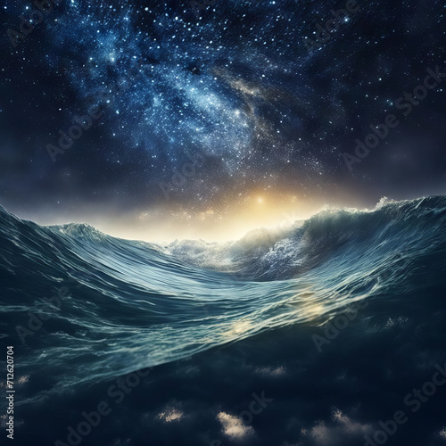 Wave in a storm against the backdrop of stars at night.