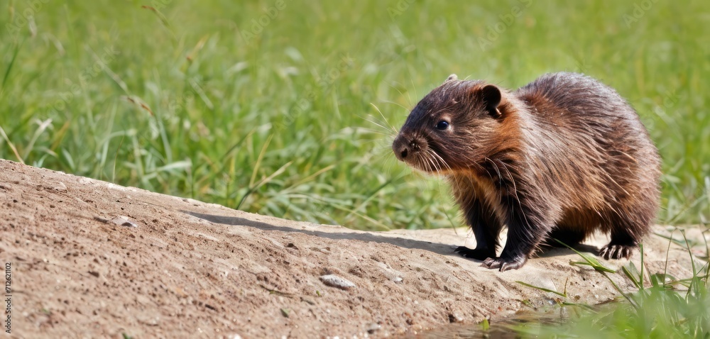 a brown and black animal standing on top of a dirt hill next to a body of water on a green grass covered field next to a dirt hill and grass covered hillside. a brown and black animal standing on top of a dirt hill next to a body of water on a green grass covered field next to a dirt hill and grass covered hillside.