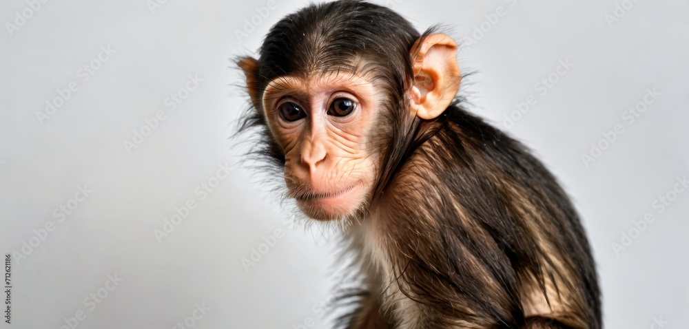 a close up of a monkey's face with a blurry look on it's face and a white back ground with a white wall in the background. a close up of a monkey's face with a blurry look on it's face and a white back ground with a white wall in the background.
