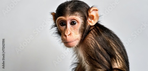  a close up of a monkey's face with a blurry look on it's face and a white back ground with a white wall in the background. © Jevjenijs