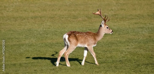  a small deer standing on top of a lush green grass covered field on top of a lush green field covered in lots of grass and a small deer standing on top of grass.