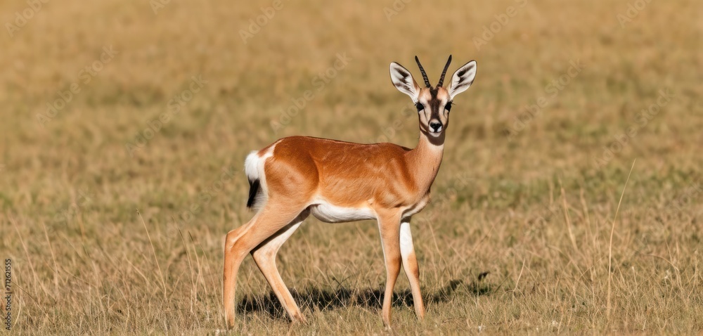 a gazelle standing in the middle of a dry grass field with tall brown grass in the background and a single antelope standing in the middle of the foreground. a gazelle standing in the middle of a dry grass field with tall brown grass in the background and a single antelope standing in the middle of the foreground.