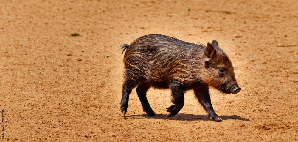 a small wild boar standing on top of a dry grass and dirt field with it ...