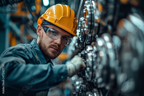 Portrait of hydraulic engineer checking new installation machine with a big copy space, Generative AI.