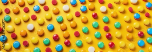 Mixed collection of colorful candy on yellow background. Flat lay, top view. Colorful birthday party background