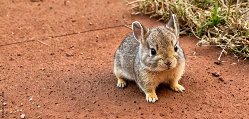 a small rabbit sitting on top of a dirt ground next to a patch of grass and a pile of dirt on top of a dirt ground next to grass and dirt. a small rabbit sitting on top of a dirt ground next to a patch of grass and a pile of dirt on top of a dirt ground next to grass and dirt.