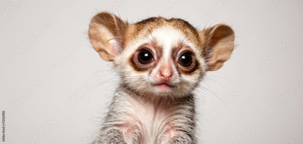  a close up of a small animal looking at the camera with a surprised look on it's face, with one eye wide open, on a white background.