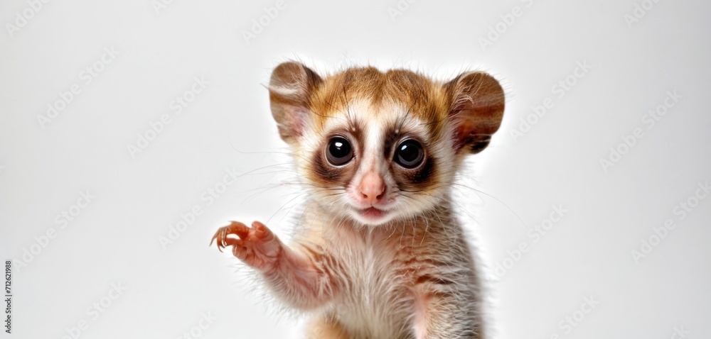 a small brown and white animal standing on its hind legs with it's front paws in the air and it's front paws in the air with a white background. a small brown and white animal standing on its hind legs with it's front paws in the air and it's front paws in the air with a white background.
