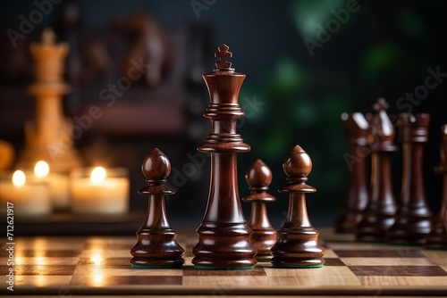 Portrait of wooden chess on old chess board with a big copy space, Generative AI.