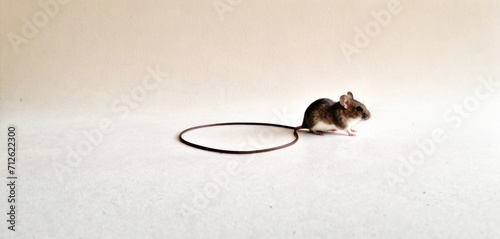  a small mouse sitting on top of a white table next to a black mousetracker on a white surface with a black cord in the middle of the mousetracker.