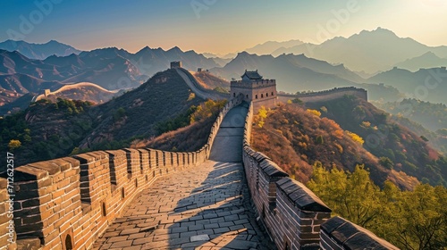 majestic chinese wall with a beautiful sunset photo