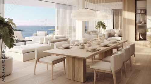 The lovely dining room below shows how versatile and elegant modern coastal decor can be From the soft ivory slipcovered chairs, to the large coral decorative piece on the credenza house interior © VERTEX SPACE