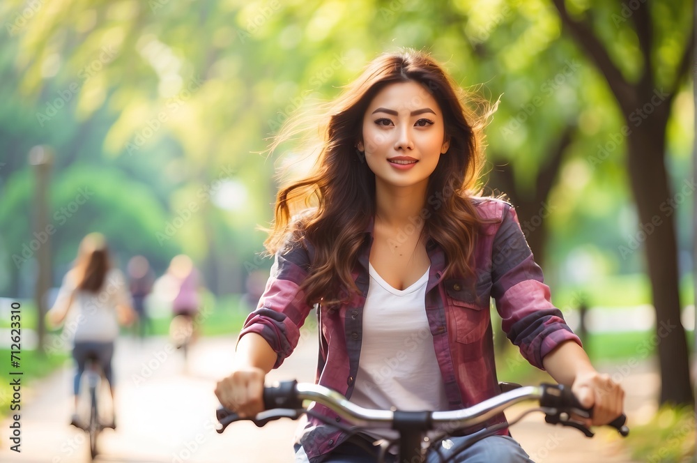 Obraz premium Women riding biycle front view at the park, abstract blurred defocused bokeh color at the background