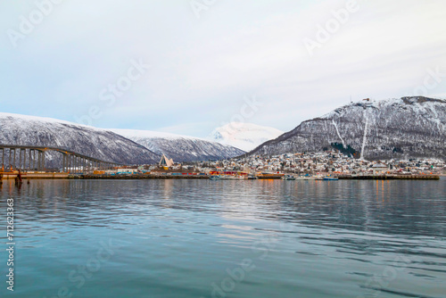 Aerial view to the city of Tromso in winter, North Norway.
