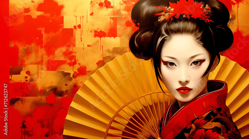 Portrait of a Japanese Geisha with a Fan. Beautiful Elegant Geisha in a Traditional Japanese Red Kimono	