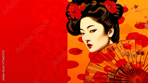 Portrait of a Japanese Geisha with a Fan. Beautiful Elegant Geisha in a Traditional Japanese Red Kimono 