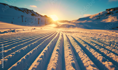 Sunrise over freshly groomed ski slopes in a winter landscape.