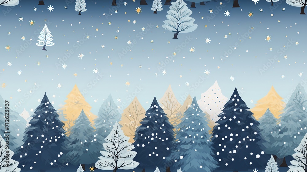 Cartoon winter coniferous fairy forest. Seamless fairy forest background template. Drawing on a light background