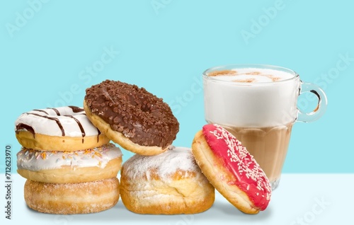 Delicious tasty sweet dessert. donuts with coffee or tea.
