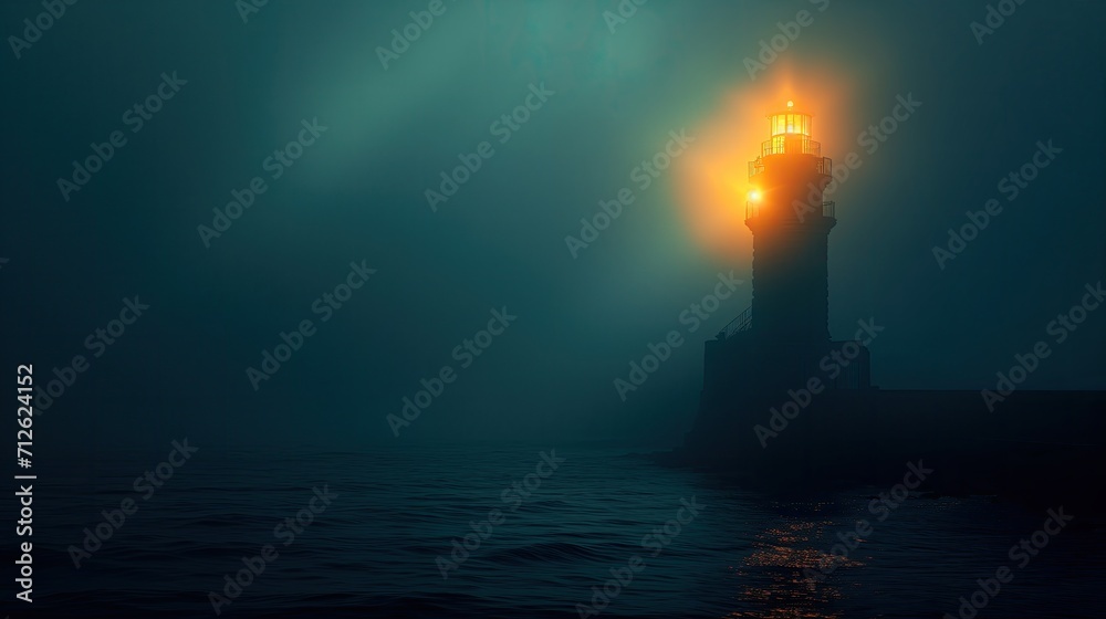 Eerie lighthouse in the mist with green and orange hues - AI