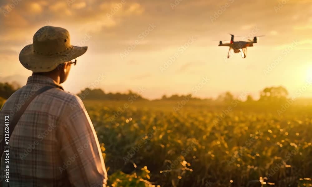 custom made wallpaper toronto digitalModern farmer standing in field and controlling a drone which is flying above margin. Technologies in farming. Rear. Back view.