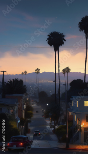 sunset in the city, sunset over the city, California roads, ai image, street photography, street view,