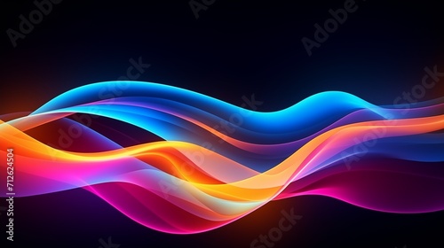 Colored glowing waves abstract background. Bright smooth waves on a dark background. Decorative horizontal banner. Digital artwork raster bitmap illustration. 