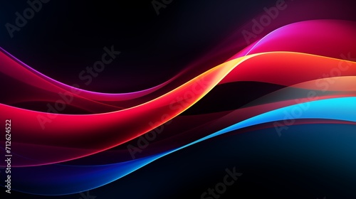 Colored glowing waves abstract background. Bright smooth waves on a dark background. Decorative horizontal banner. Digital artwork raster bitmap illustration. AI artwork.