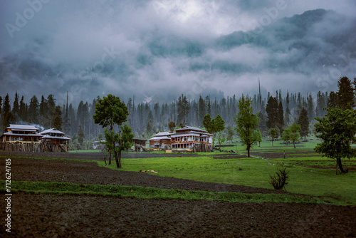 Old houses in a village named Arang Kel in Kashmir on the top of mountains.