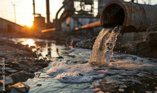 Rusty pipe discharging wastewater into a stream at sunset. photo