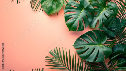 Top view of philodendron tropical leaves against a peach backdrop with a big copy space, Generative AI.