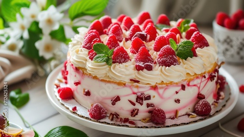 Sweet and delightful cake background with a decadent topping of strawberries, raspberries, and cream, showcasing the delicious cake decoration against a tempting backdrop. 
