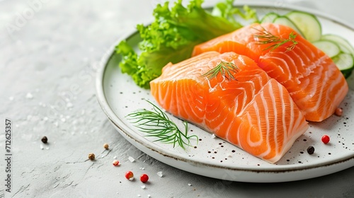 Top view of raw salmon fillet with a big copy space kept in a plate in a white backdrop, Generative AI.