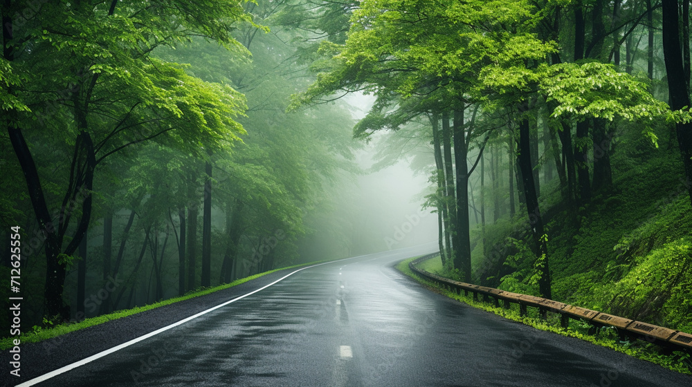 Fototapeta premium Beautiful landscape with roadway in hills, AI Generative.