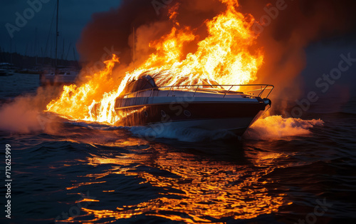 A luxury boat engulfed in fierce flames at sea.