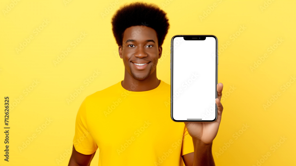 Black Man Holding Advanced Smartphone with Blank White Screen