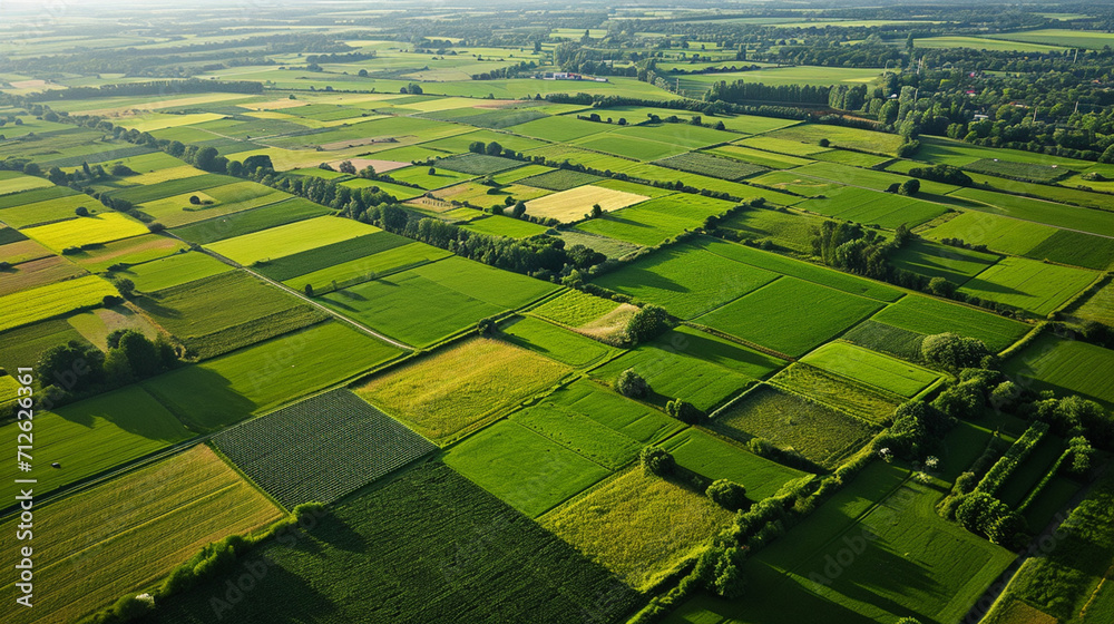 A top view of a landscape with a house and farmland