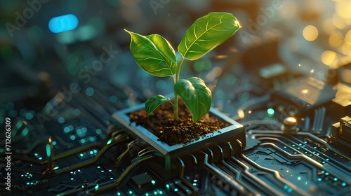 Growing tree on the converging point of computer circuit board. Nature with Digital Convergence and Technological Convergence. AI generated illustration