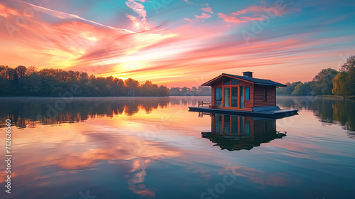 A small house floating on a lake at sunrise