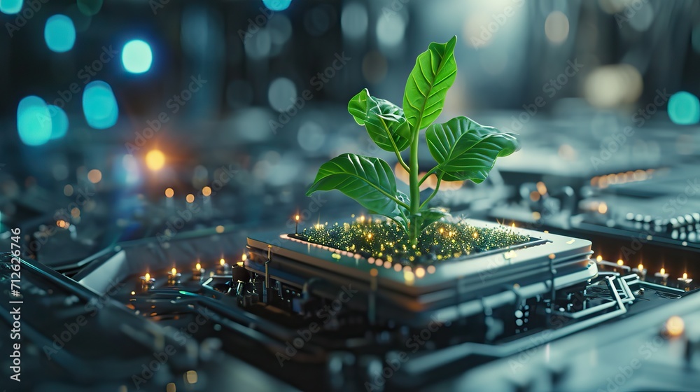 Green information technology. Environmentally Sustainable IT. Copy space. Green plant growing on laptop computer keyboard with green background. AI generated illustration - obrazy, fototapety, plakaty 