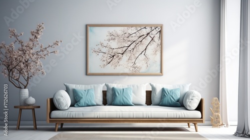 Using a photo frame, sofa, rattan furniture, and wallpaper, this rustic minimalist living room design, Generative AI.