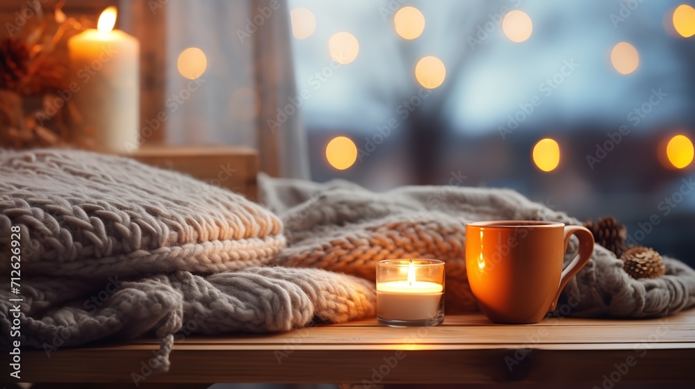 Warm light, blankets, and hot cocoa create a hygge-inspired Christmas setting, Generative AI.