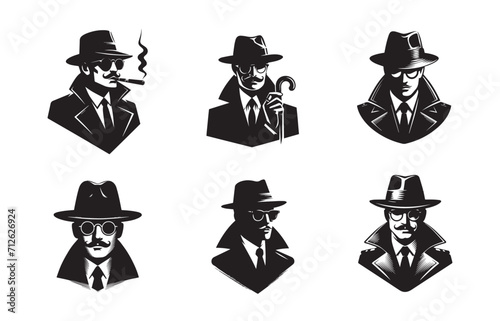 logo set of silhouette man in suit, hat, walking