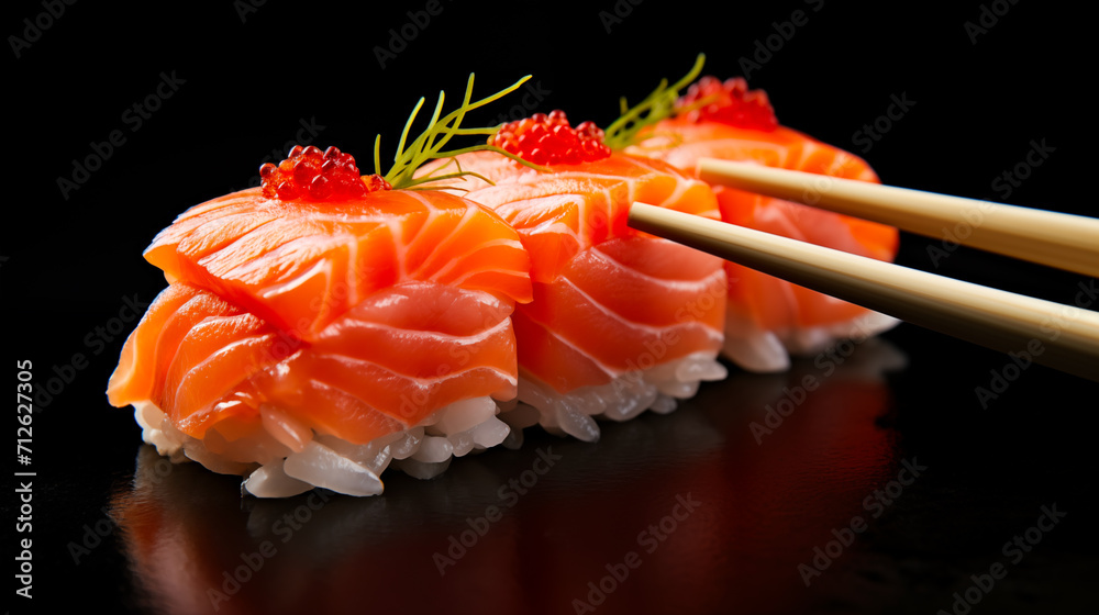 Close-up of three small salmon nigiri with Tobiko, Ikura, caviar on a black background. Bamboo chopsticks. Shadows and lighting to accentuate details. Close-up of three small salmon nigiri with Tobiko, Ikura, caviar on a black background. Bamboo chopsticks. Shadows and lighting to accentuate details.