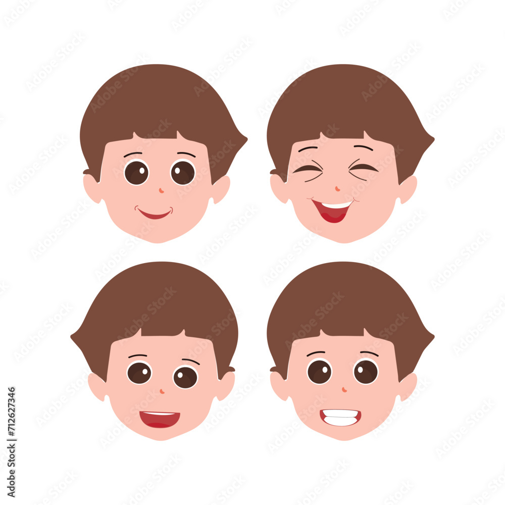 Cute little boy facial expressions. Vector of kid faces illustration with different emotions such as happy, smiling, laughing, winking, angry, confused, worried.