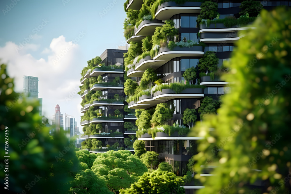 Sustainable green building in modern city. Green architecture. Eco-friendly building. Sustainable building with vertical garden reduce CO2. Futuristic building. Net zero emissions. - obrazy, fototapety, plakaty 
