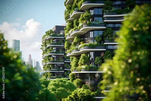 Sustainable green building in modern city. Green architecture. Eco-friendly building. Sustainable building with vertical garden reduce CO2. Futuristic building. Net zero emissions. photo