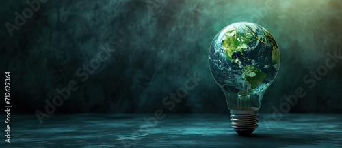 Light bulb with green world map on natural backgound represents renewable energy.Green energy,energy saving concept. AI generated illustration #712627364